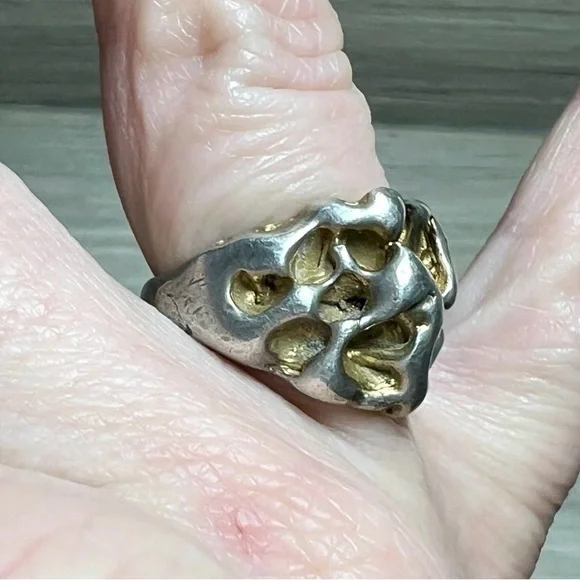 Vintage Designer Hallmarked Sterling Silver & Gold Brutalist Ring, Size 6